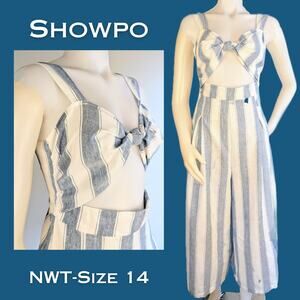 Showpo Jumpsuit 14 Blue White Stripe Cotton Straps Tie Front Cutout Midriff NEW